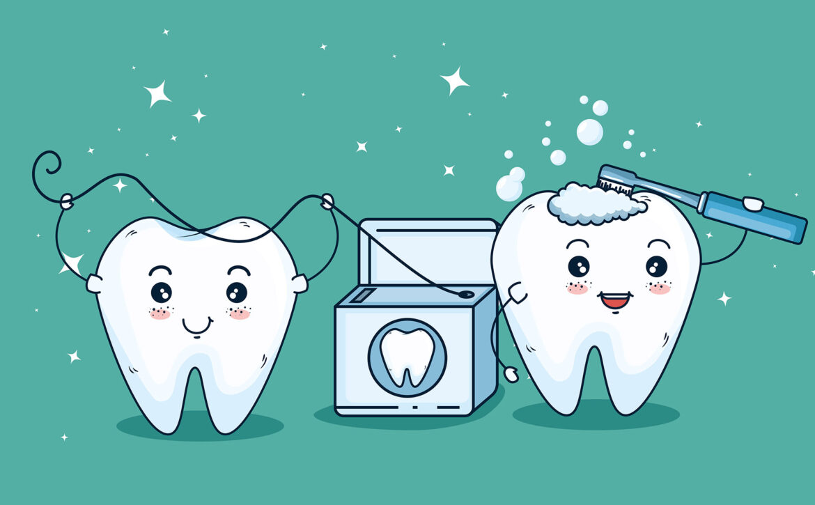 teeth care treatment with toothbrush and dental floss