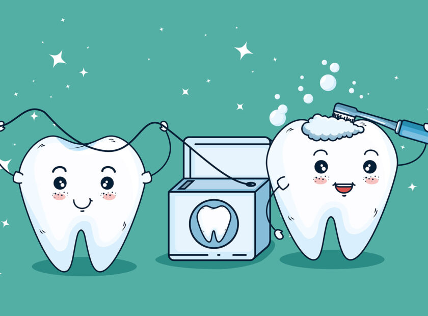 teeth care treatment with toothbrush and dental floss