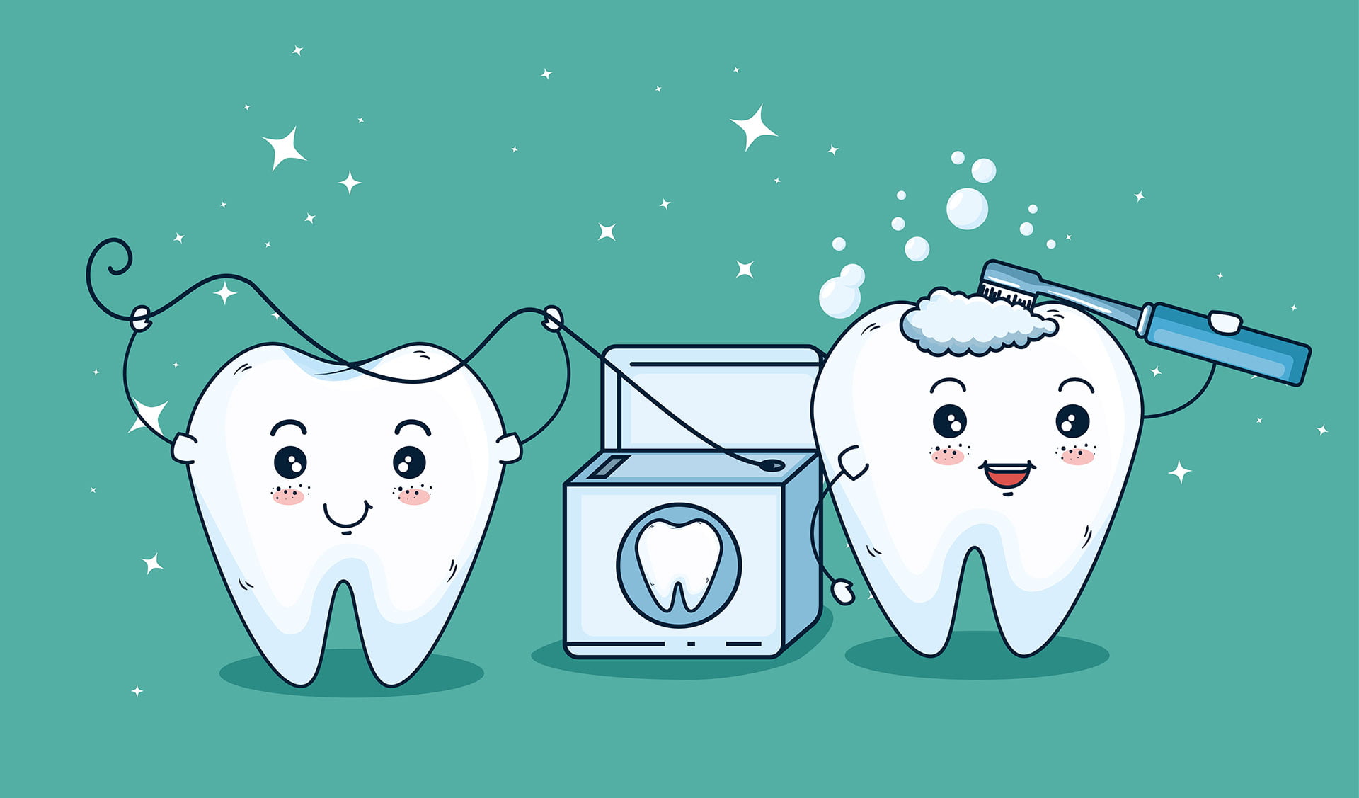 teeth care treatment with toothbrush and dental floss
